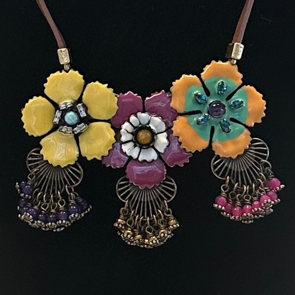 TOVA - Vibrant Boho Floral Enamel Brass Necklace on Brown Leather Cord - 18 in. - Picture 2 of 14